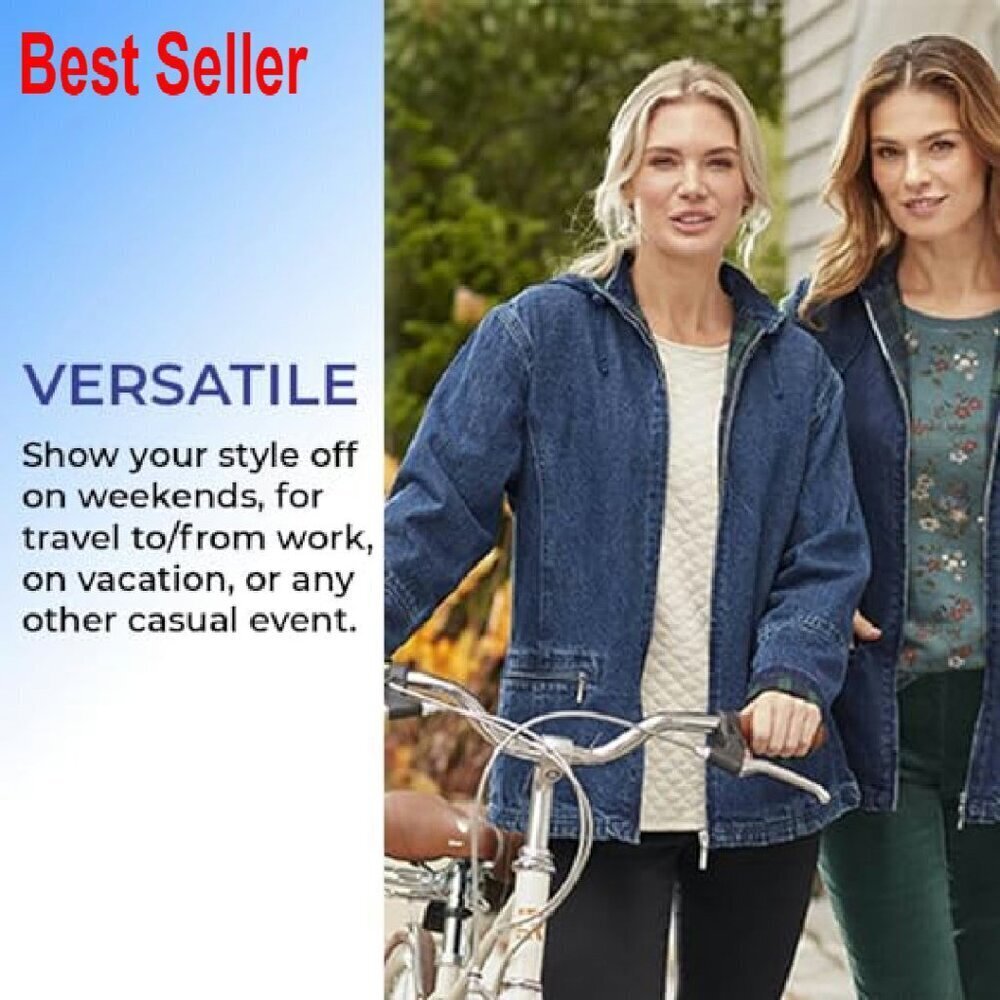 Denim Jacket Flannel Lined Detachable Hood Classic Oversized Chic Fall Outerwear - Picture 3 of 8